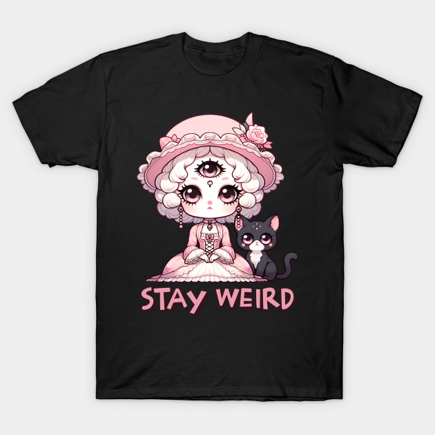 Stay Weird Three Eyed Witch with Black Cat T-Shirt by WitchyArty